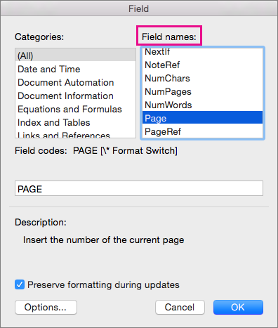word mac set page numbers for appendix